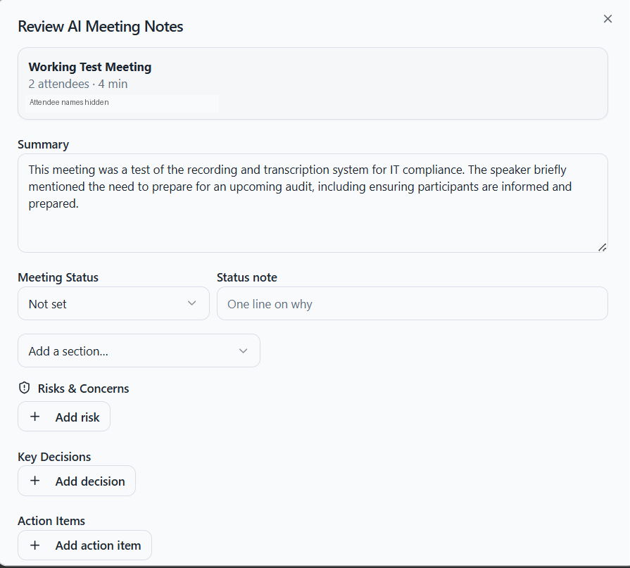 AI meeting notes as minutes in NITComply