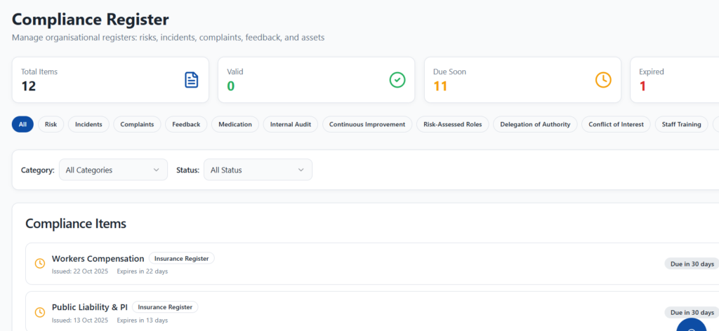 Compliance registers with expiry tracking in NITComply