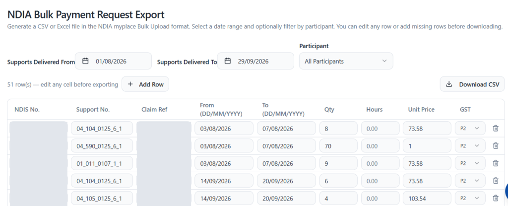 NDIA bulk payment request export in NITComply