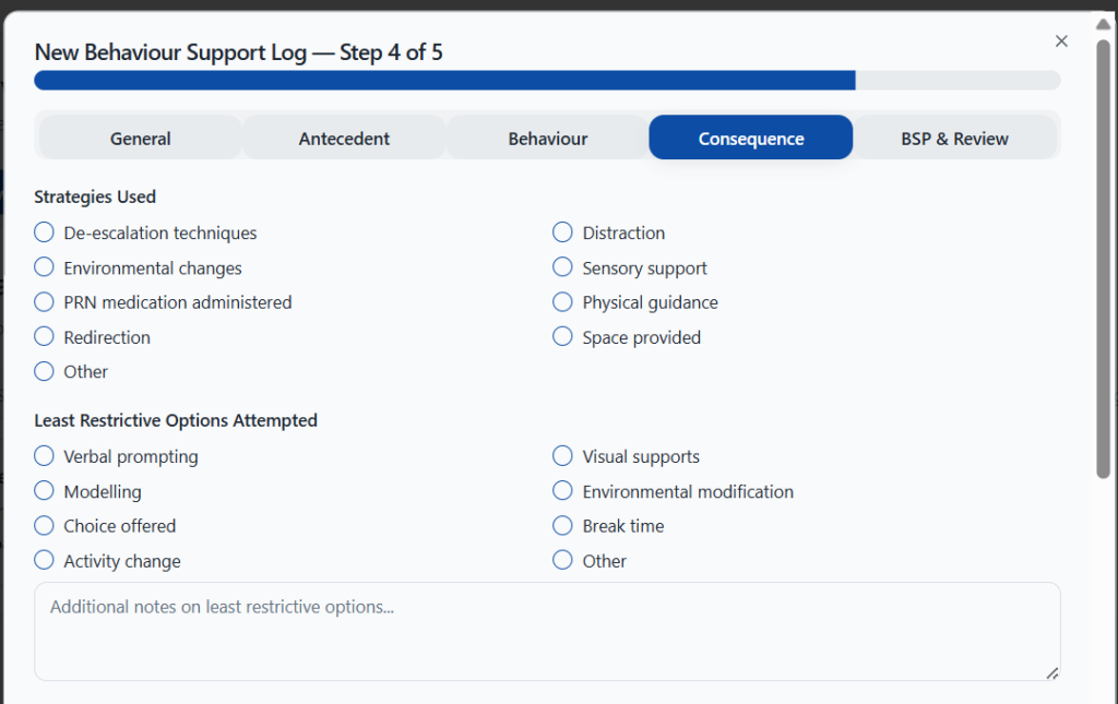 Behaviour support log with ABC recording in NITComply