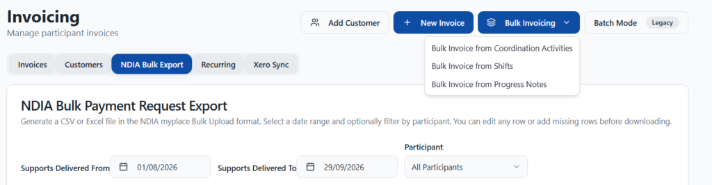 Bulk invoicing from shifts, progress notes and coordination activities in NITComply