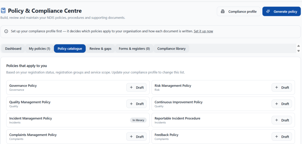 A policy catalogue built for your organisation - NITComply NDIS policy catalogue