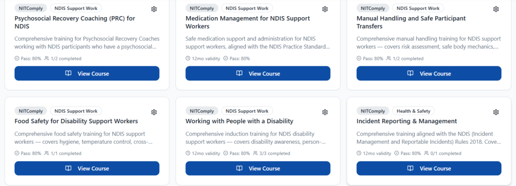 Start from the NITComply Course Library of NDIS support work courses