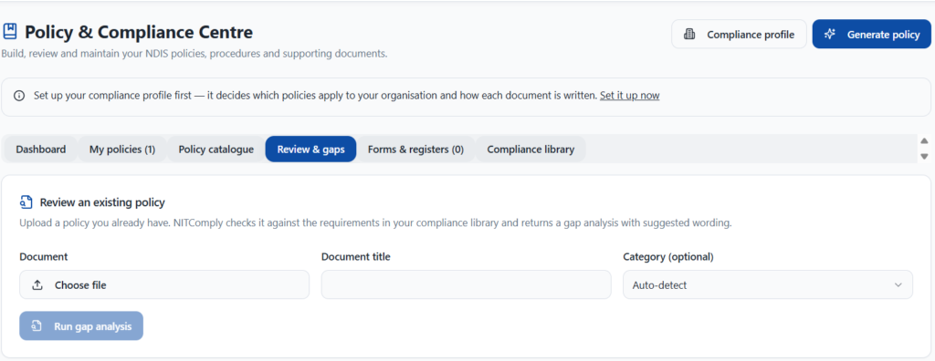 Review an existing policy for gaps in NITComply