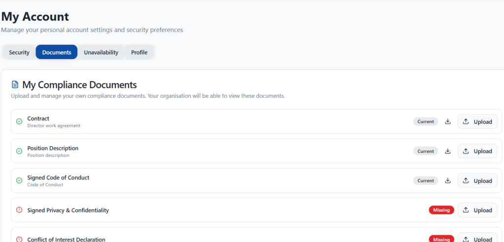 Workers upload their own compliance documents in NITComply